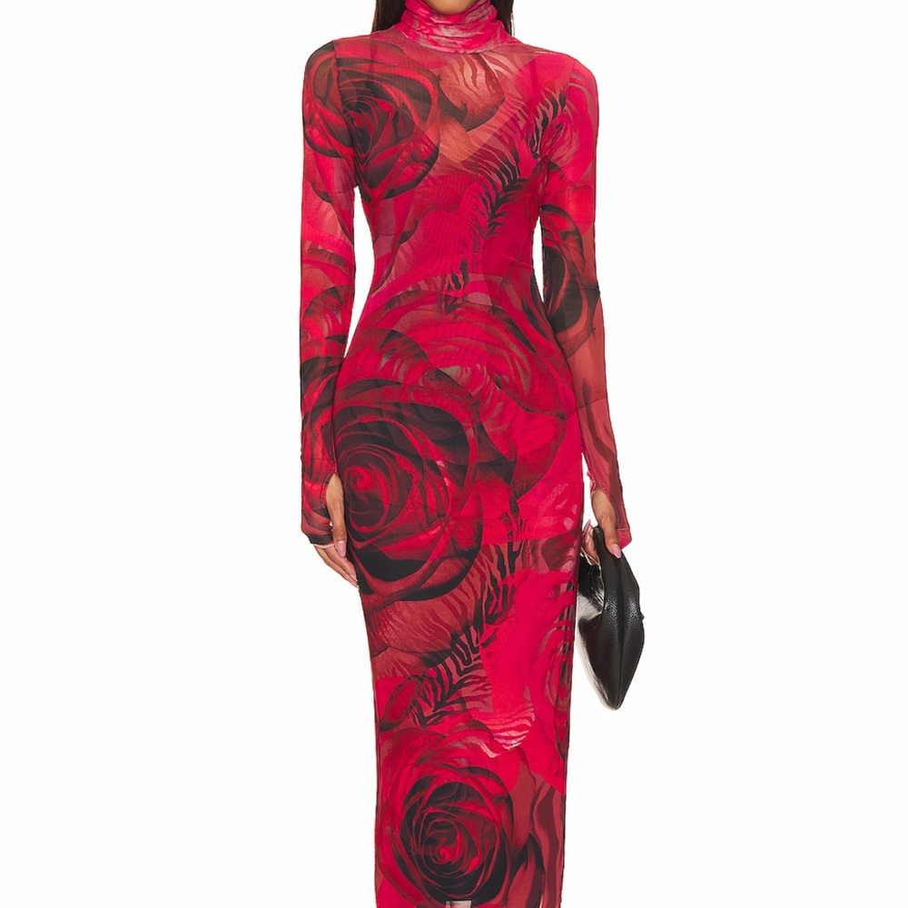 AFRM Red and Black Floral Long Sleeve Dress
